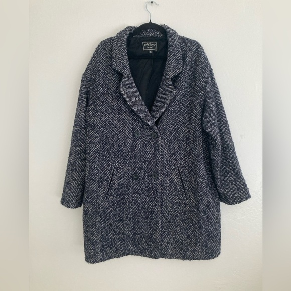 Lucky Brand Wool Blend Long Line Winter Coat Tweed Navy Black Preppy Academia XL - Picture 1 of 15
